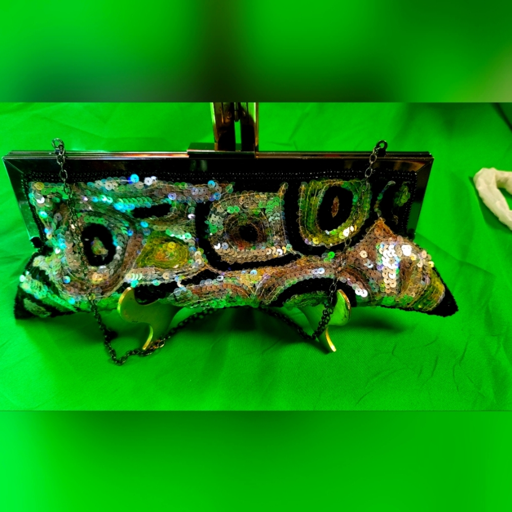 New York &Company beaded embellished, sequined,evening bag purse,black/green/sil